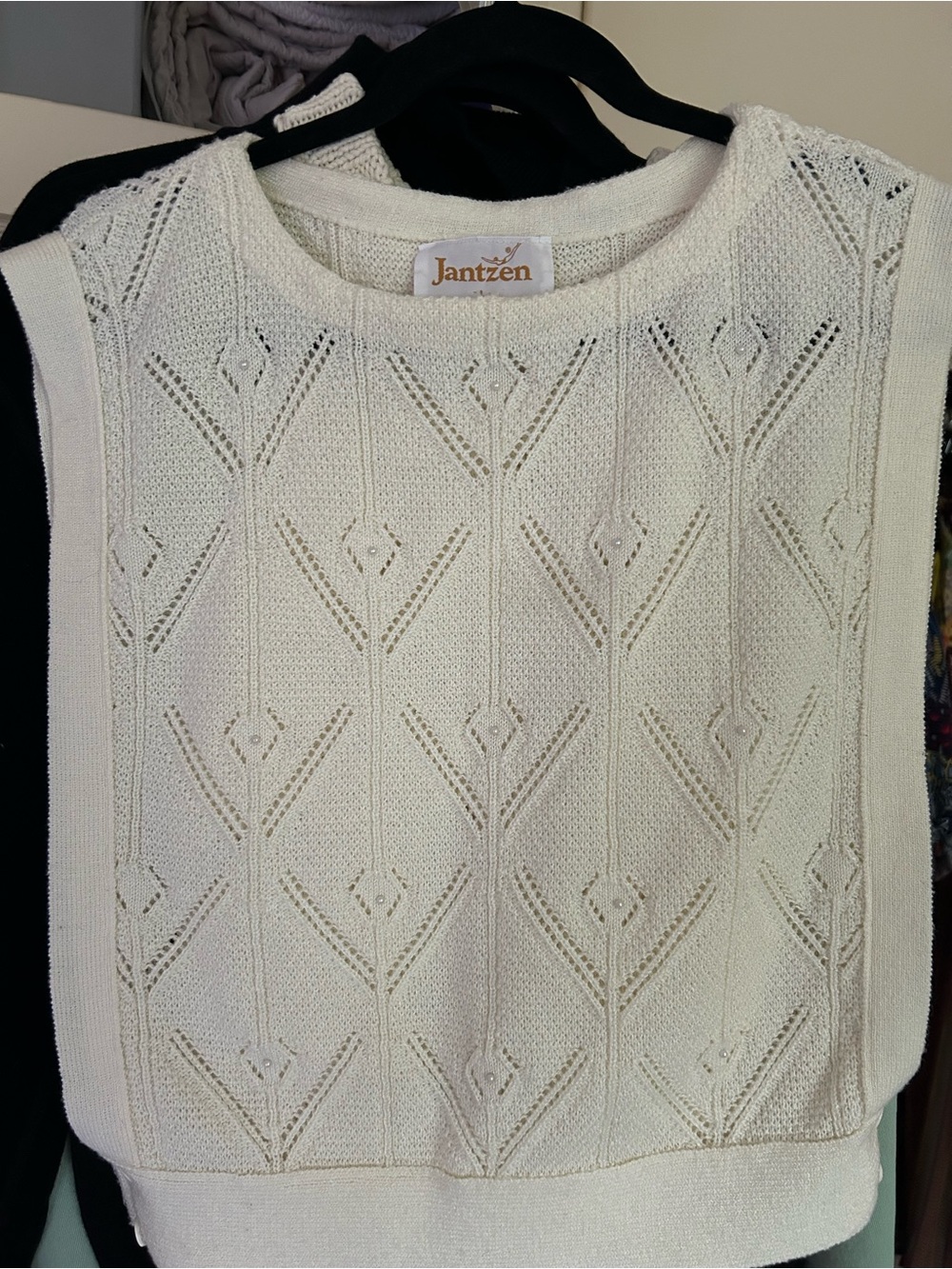Vintage Ivory Knit Sweater Vest – 80s Pearl Studded Tabard, M